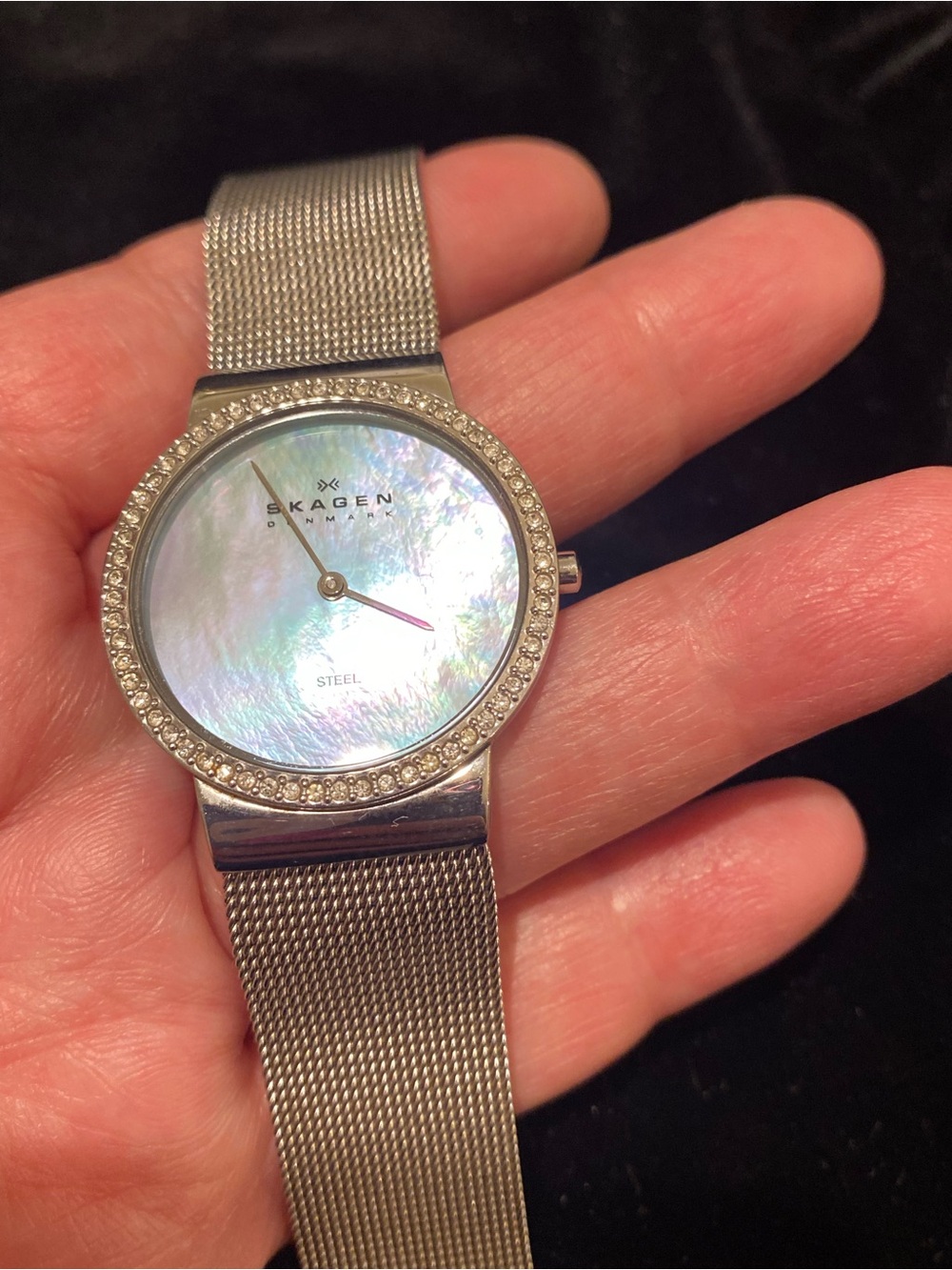 Skagen Silver Mesh Watch with Iridescent Mother-of-Pearl Dial & crystals